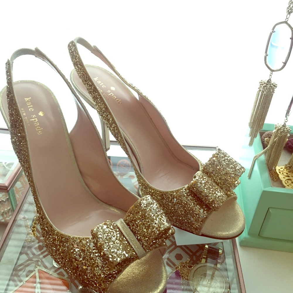 Kate Spade Charm Heel in Platinum Glitter / suede